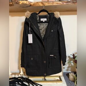 NWT Andrew Marc New York Black Utility Jacket Winter Coat Parka with Real Fur